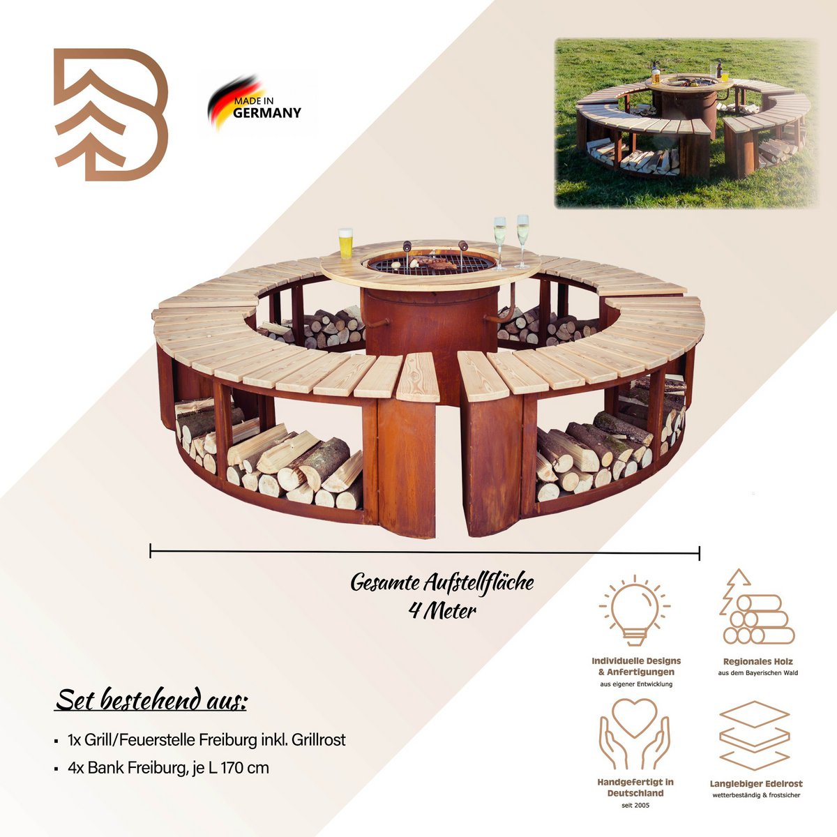 freiburg design grill & vuurkorf – luxe 5‑delige outdoor set met cortenstaal look