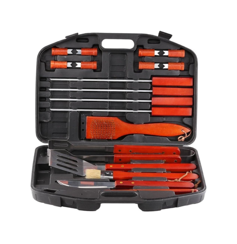 bbq toolset 13‑delig in luxe draagkoffer – houten handvatten